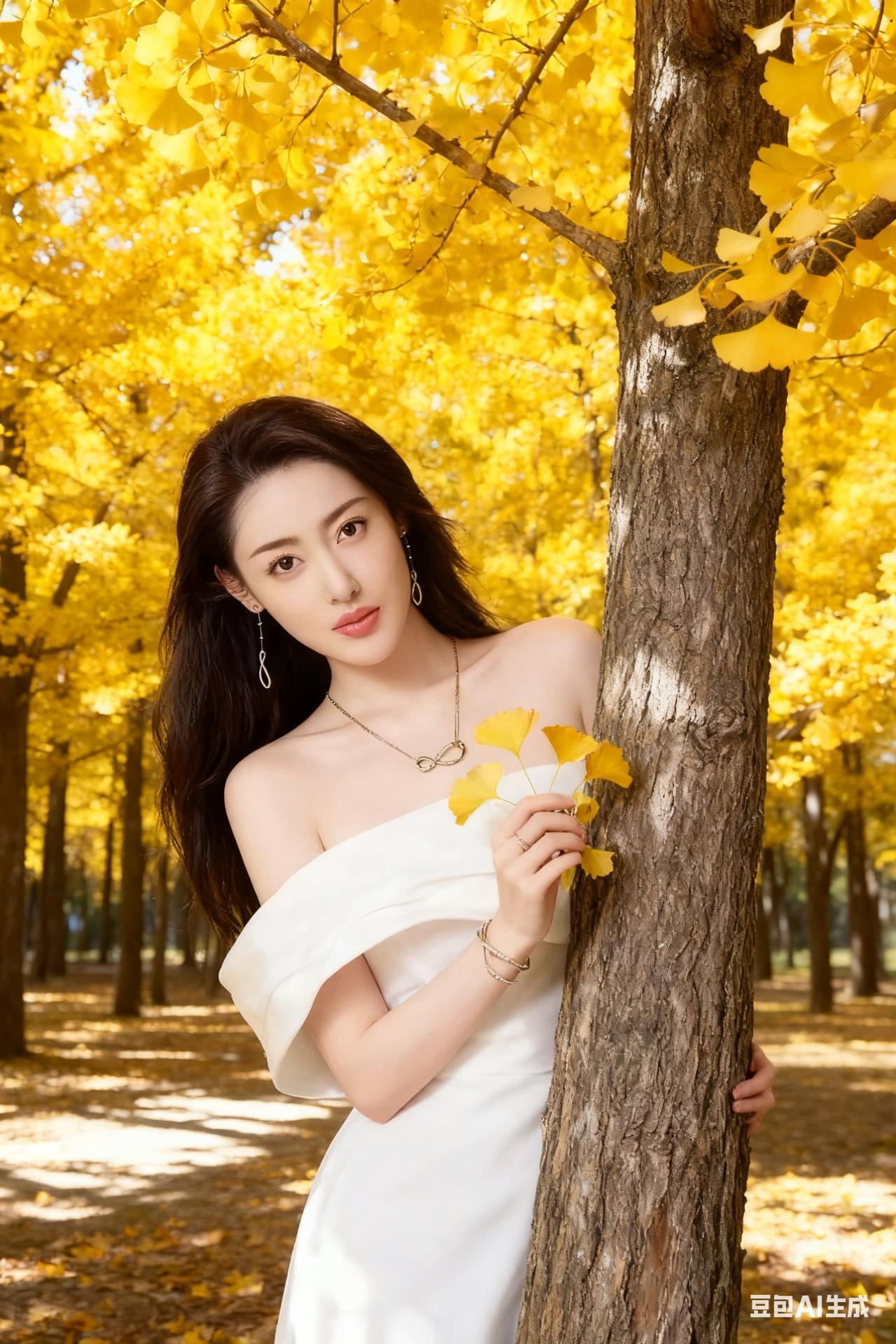 秋日暖阳下，白裙少女倚树而立，黄叶飘落，唯美如画。