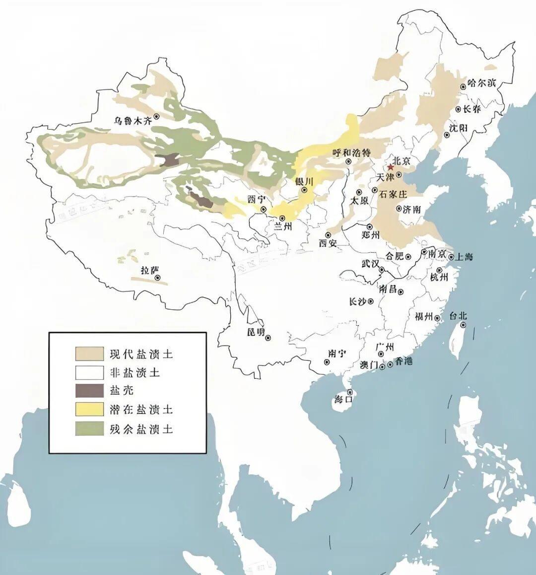 一直以为盐碱地都是在沿海地区，没想到我国盐碱地（盐渍土）主要在西北，真是颠覆认知