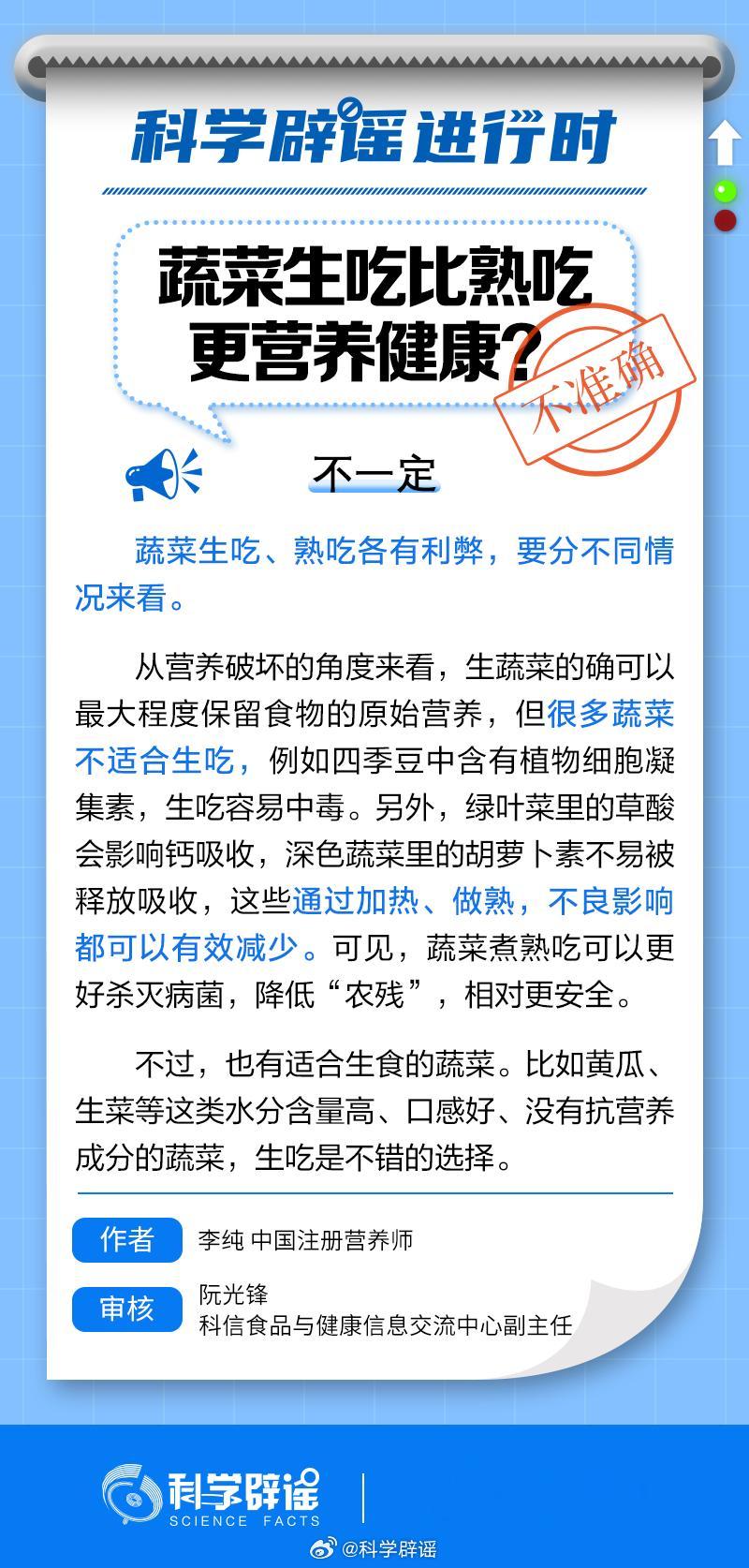 #科学辟谣进行时#【#蔬菜生吃比熟吃更营养健康吗#？】蔬菜生吃、熟吃各有利弊，要