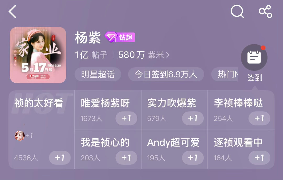杨紫超话发帖破1亿了 流量实绩都无短板 
