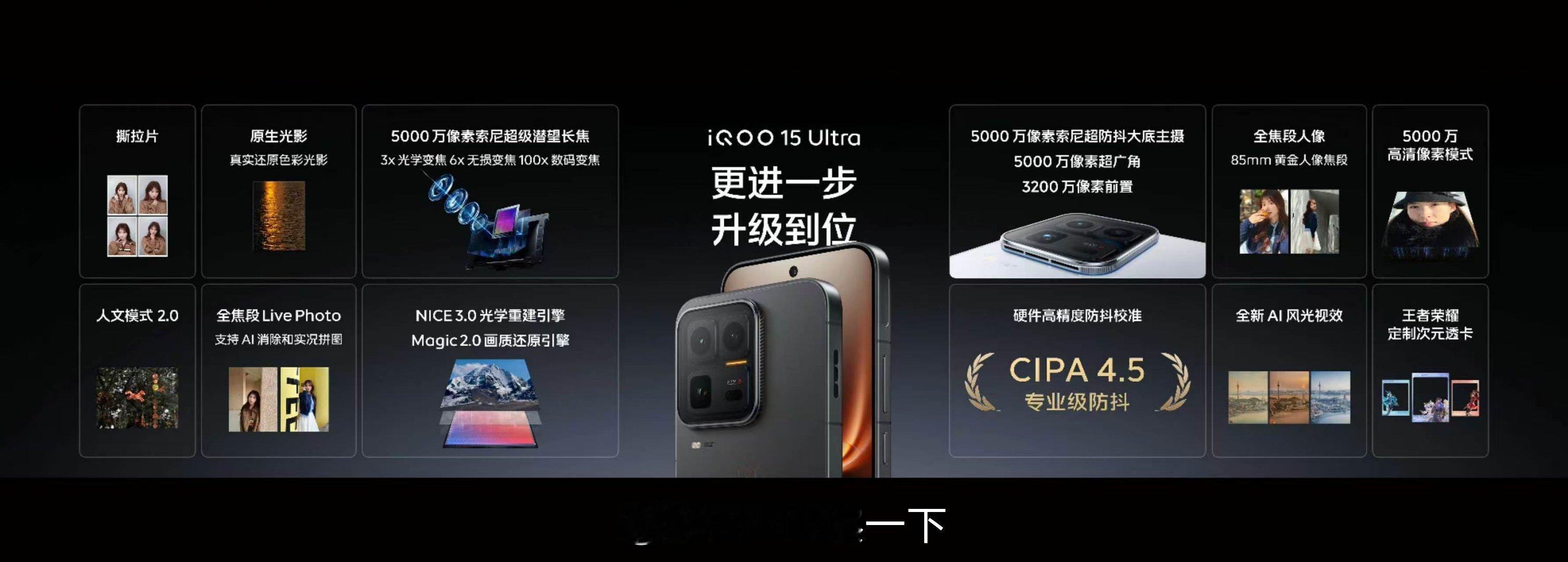 iQOO15 Ultra影像再度提升。①专业防抖：长焦全新升级CIPA 4.5专