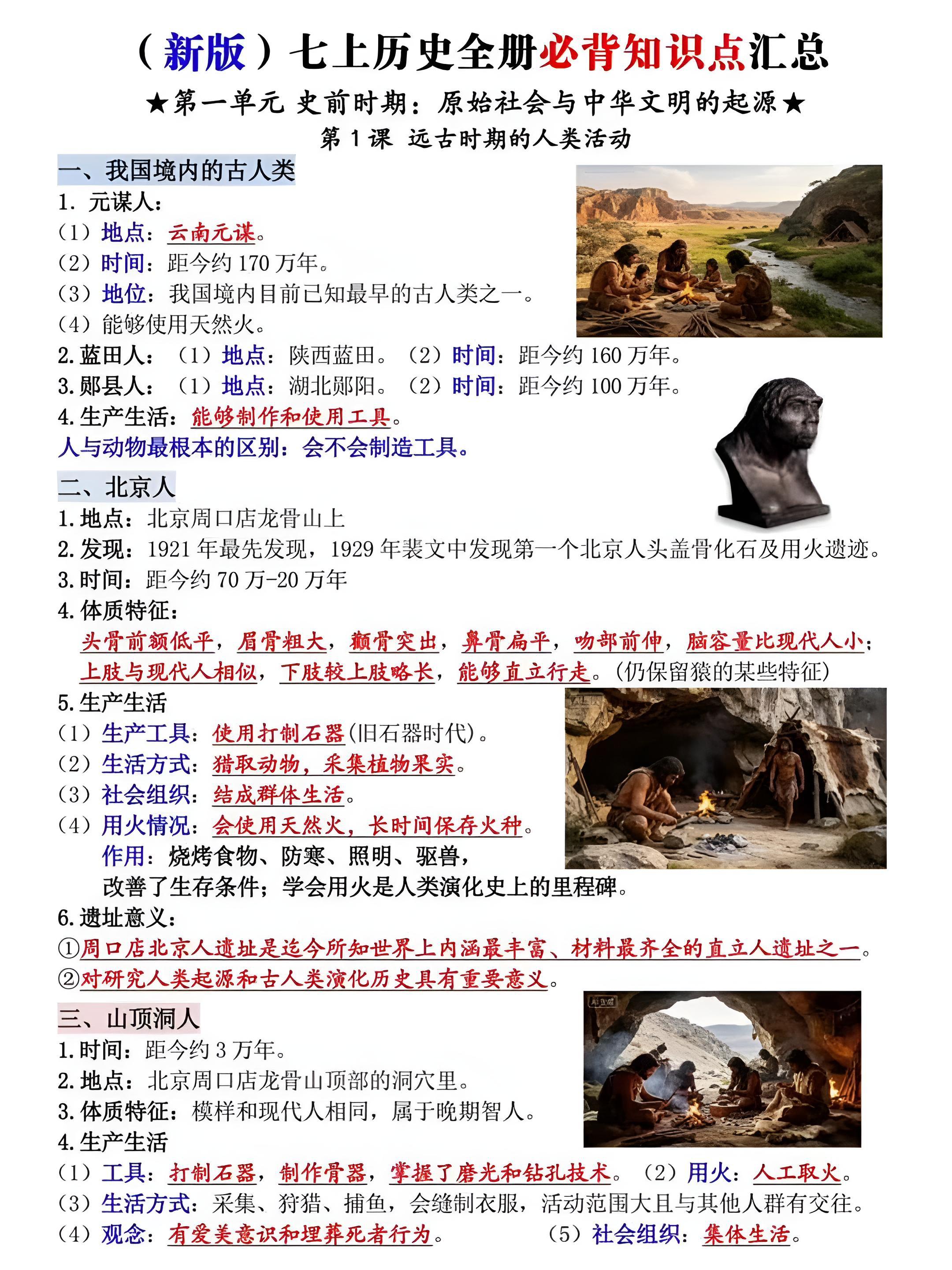 七上历史全册必背知识点汇总+七年级上册道法课本核心知识点总结