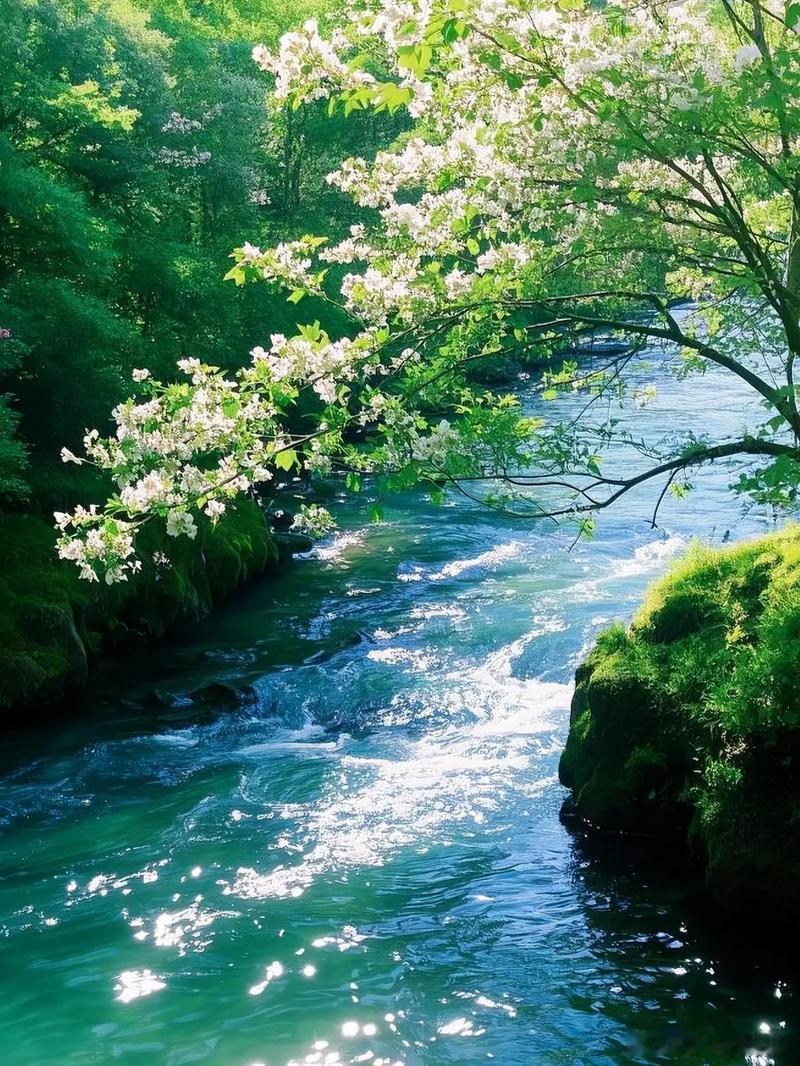 壁纸 清溪奔涌携满溪碎光，白花垂枝轻拂碧波，山野独有的清爽绿意，治愈所有浮躁心绪