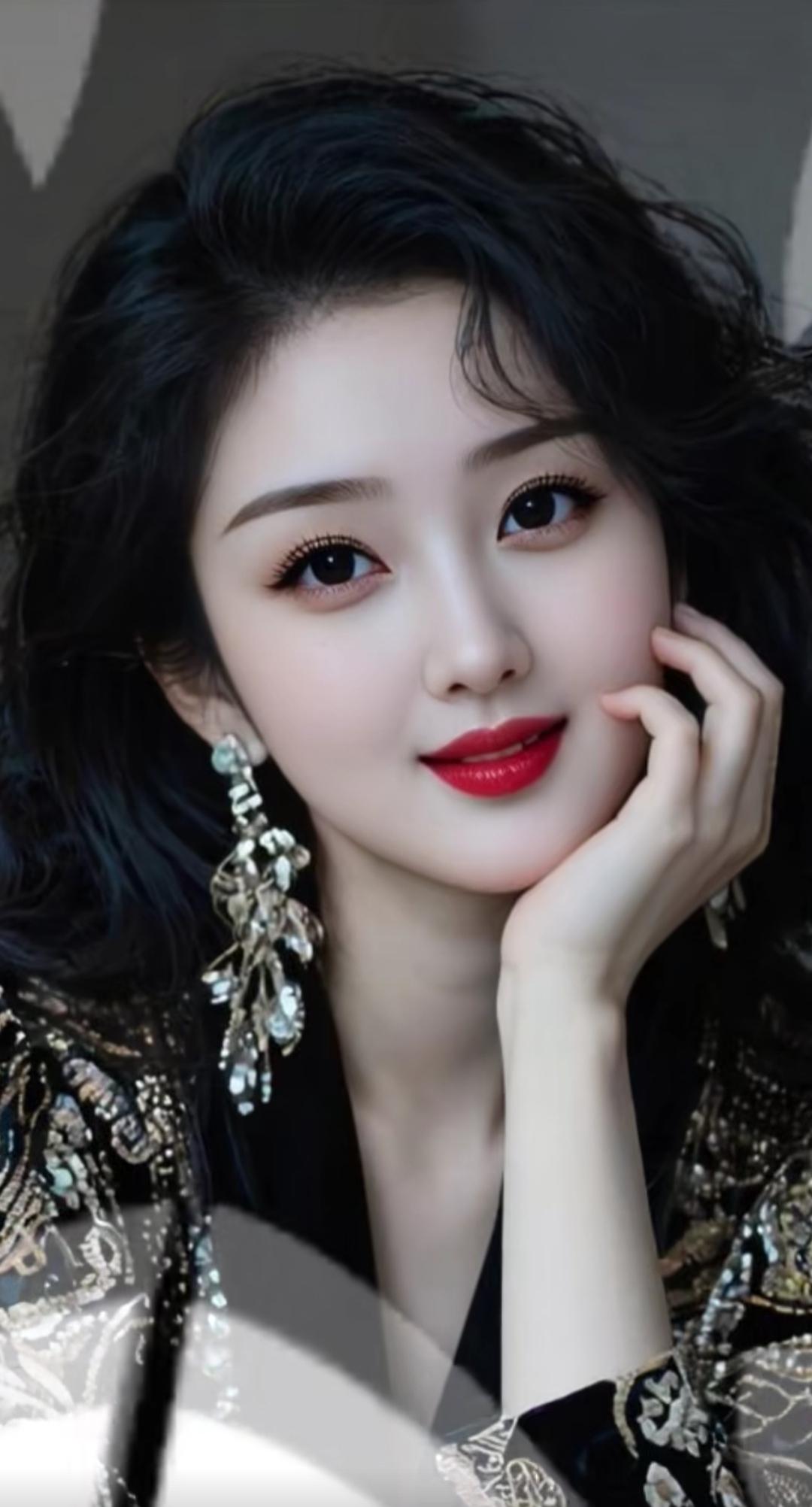 优雅黑发美人，红唇微笑，闪耀耳环，复古风穿搭。高雅气质美女 美女人像群