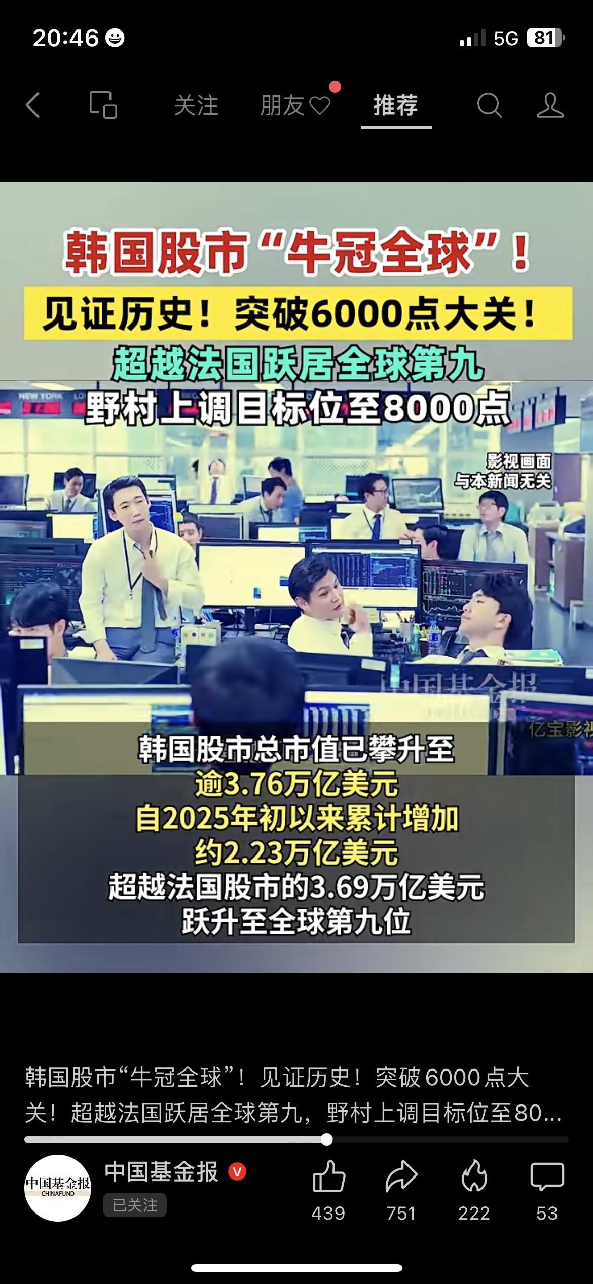 今天韩国股市开盘直接突破6000点，创历史新高！从1月22日盘中破5000点，到