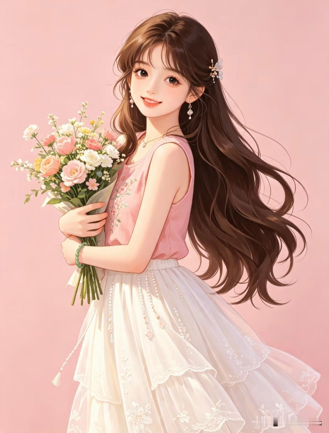 少女持花，岁月温柔以待
甜半格甜美可爱捧花粉衣少女头像插画分享
温柔少女头像 鲜