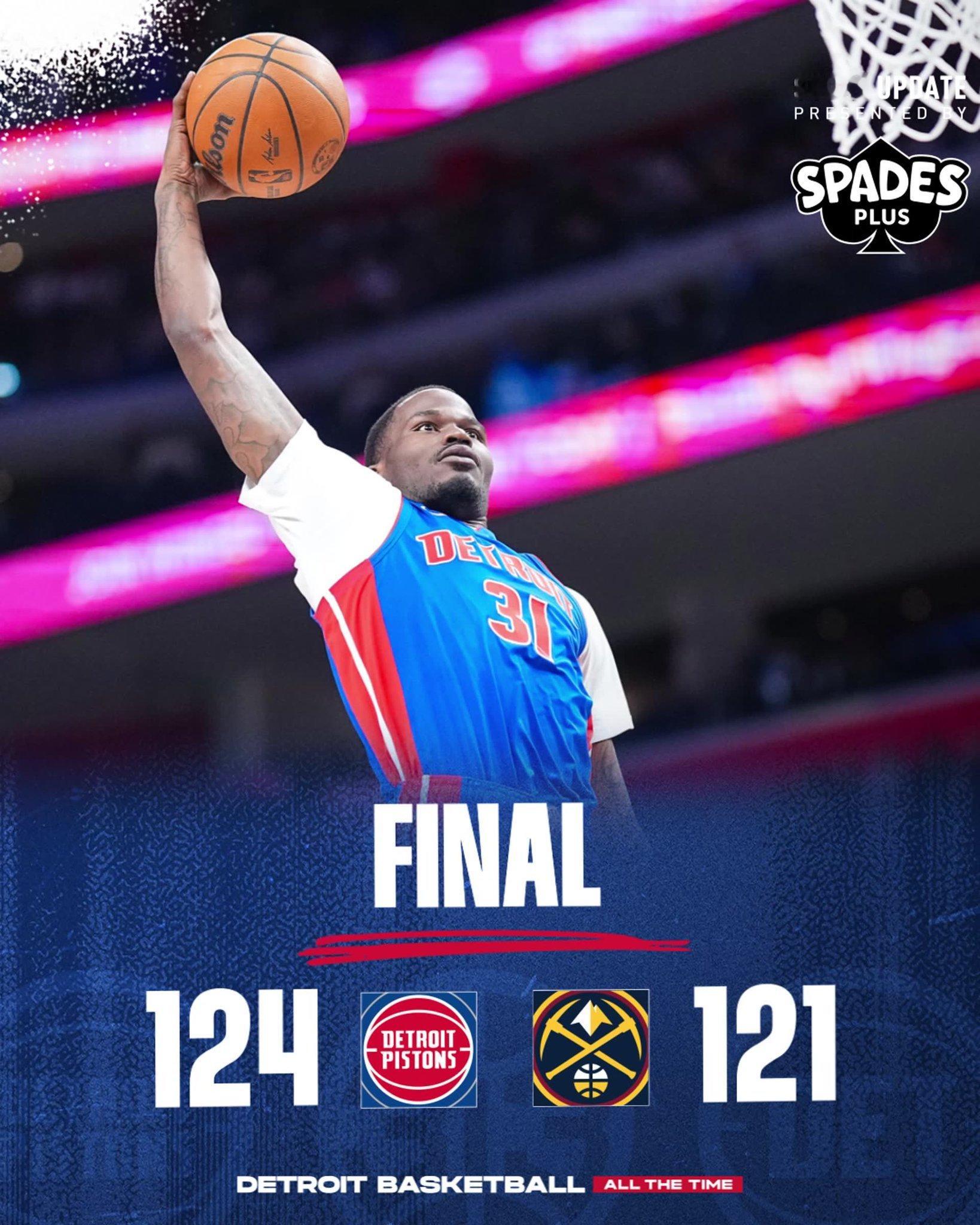 布劳恩复出，但掘金不敌活塞吃到两连败。掘金三分约穆：13中7其他：17中3布劳恩