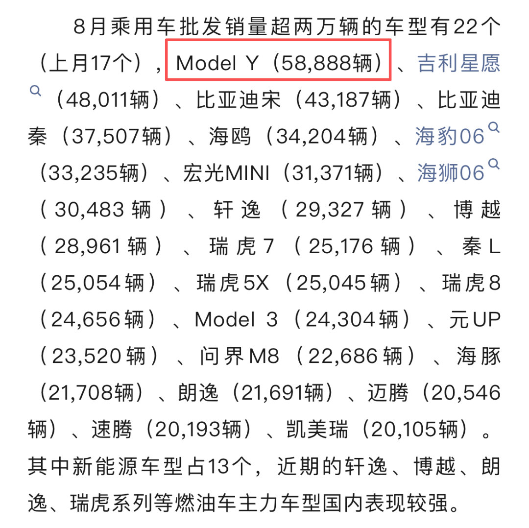 Model Y稳居8月国内乘用车市场交付量最多的车，也是近一年卖得最好的车据乘联