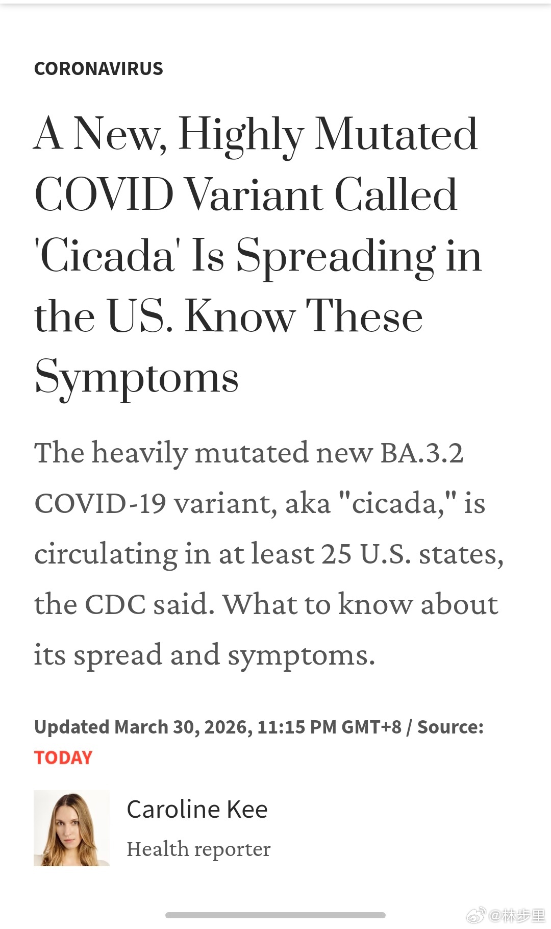 新冠新变异株的动向。新冠BA.3.2，已经在二十几个国家或地区报告确认。外号叫“