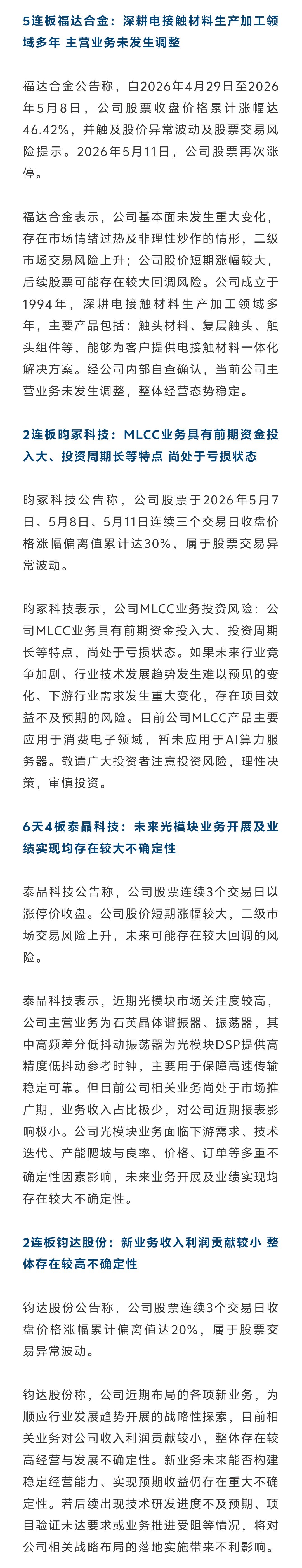 【大涨后，多只牛股急发警告】5月11日盘后，5连板福达合金、6天4板泰晶科技、2