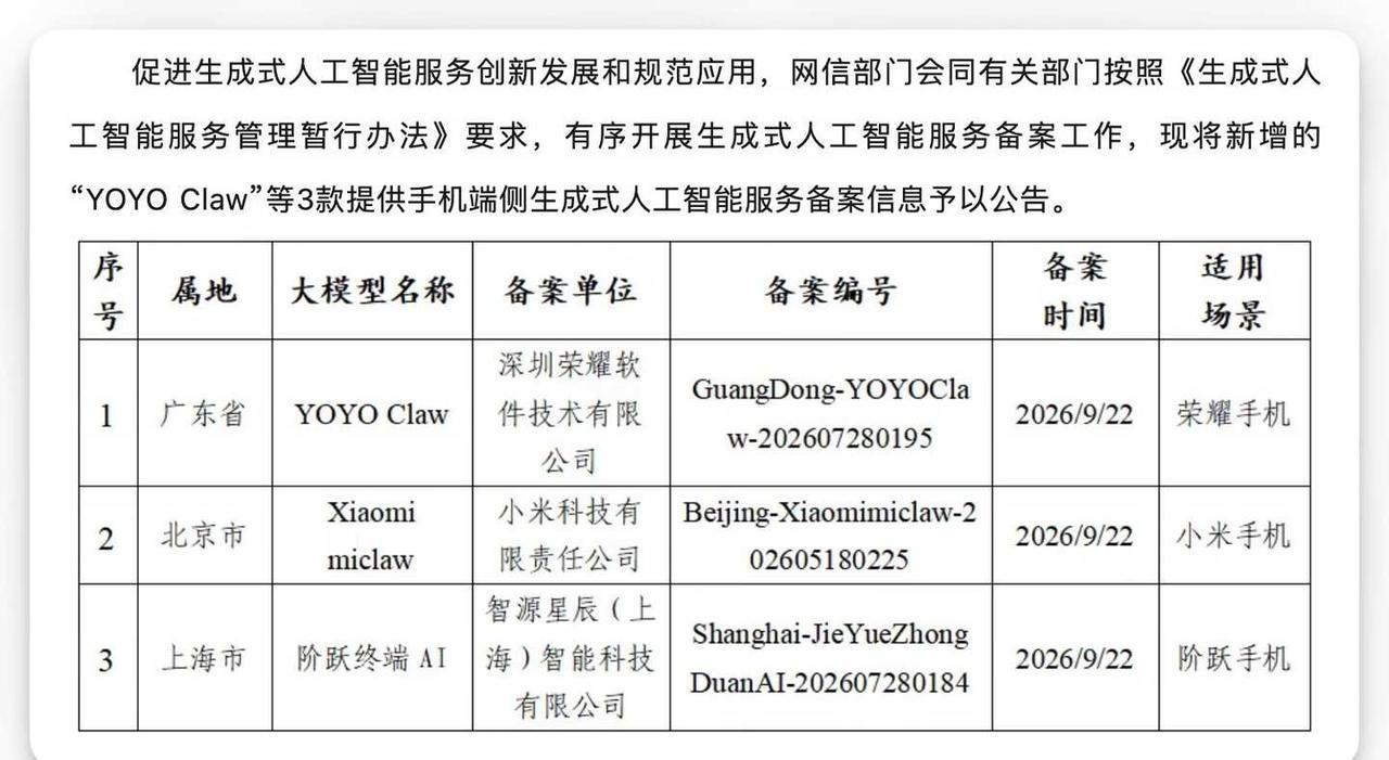 端侧AI赢来新进展
手机“养龙虾”，这次有了新的备案进展。
	
据网信中国公布的