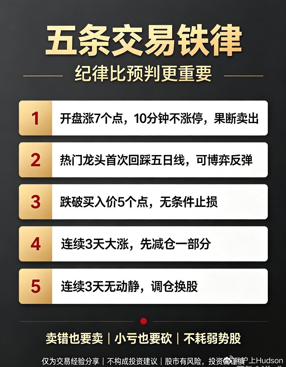 务必牢记的五条核心交易铁律短线交易能否稳定盈利，不靠复杂技术，全靠严格纪律。分享