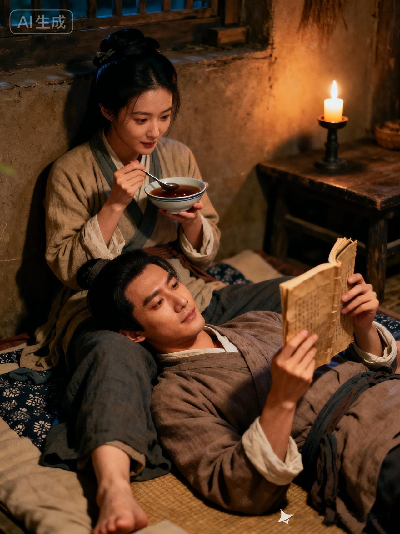 两人共处一室，一人看书，一人喝汤。