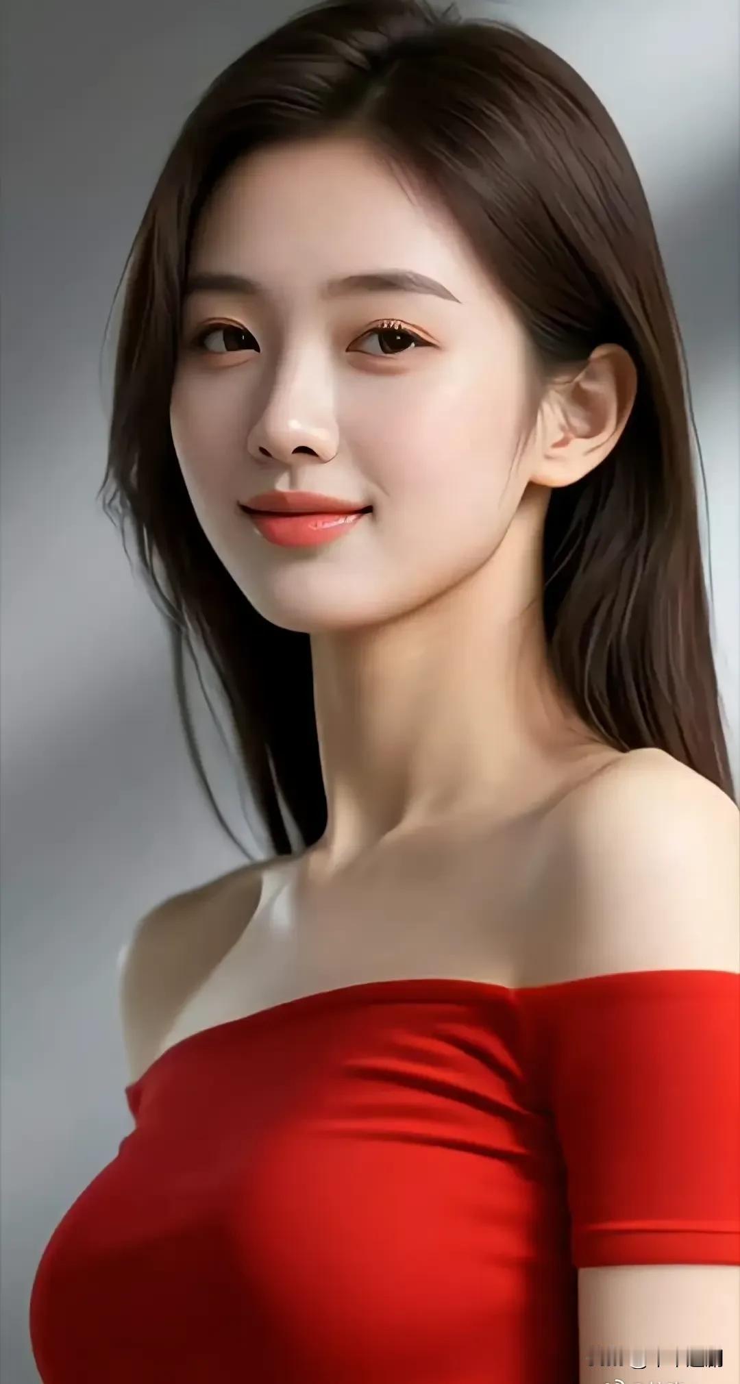 什么样的穿搭可以成为气质女神?
正红缎面露肩裙衬着冷灰背景，顺直长发揉出明艳又优