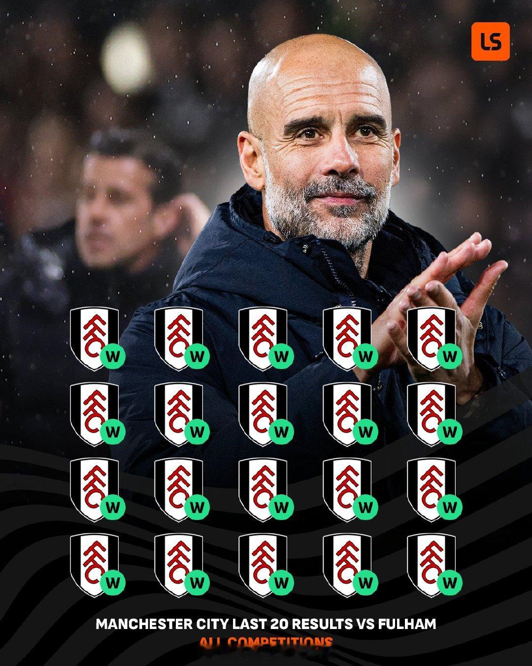 【连赢20次！英超最大的苦主】统计所有赛事和主客场，富勒姆最近20次面对曼城，连