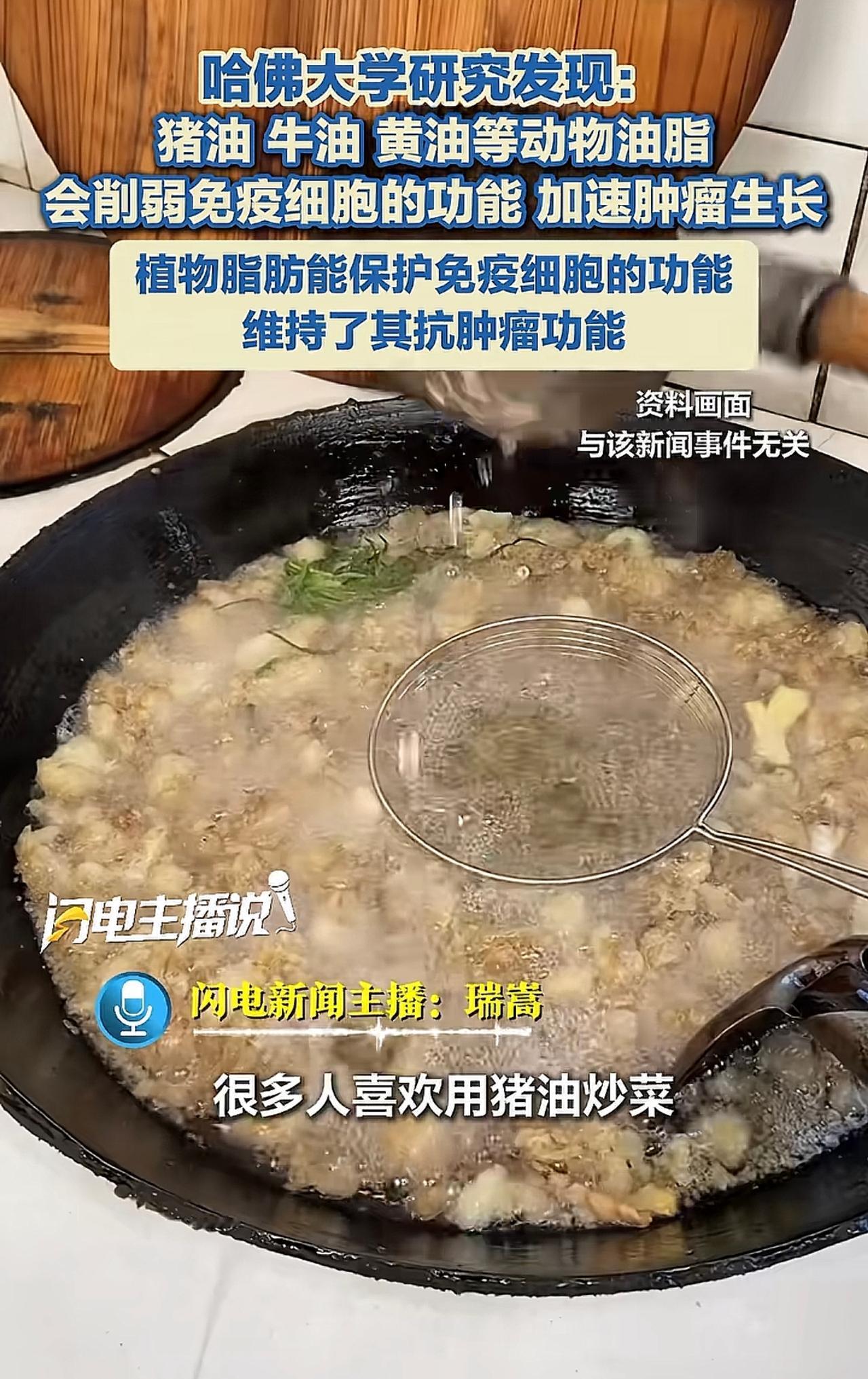 哈佛大学说:猪油、牛油、黄油不健康，降低人体免疫力，鼓励吃植物油，因为可以抗肿瘤