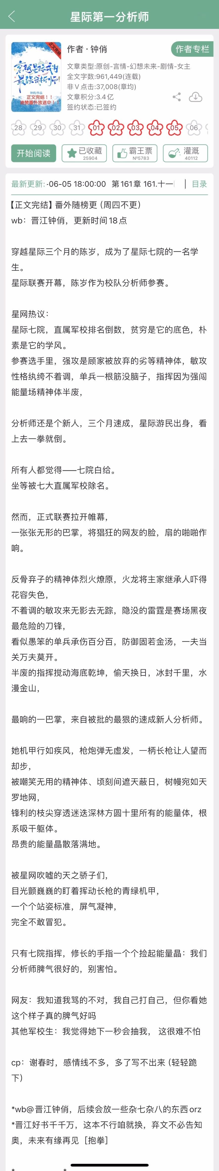 钟俏的《星际第一分析师》完结了，星际文，有军校联赛这种剧情！蹲个反馈~#这小说好