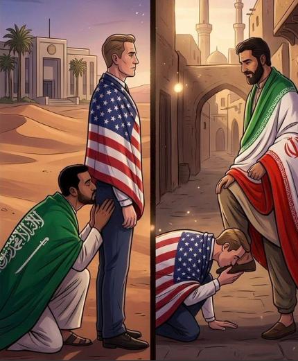 美伊达成停火两周后，伊朗支持者发出了一张讽刺沙特的图片。这张图片在社交媒体上大量