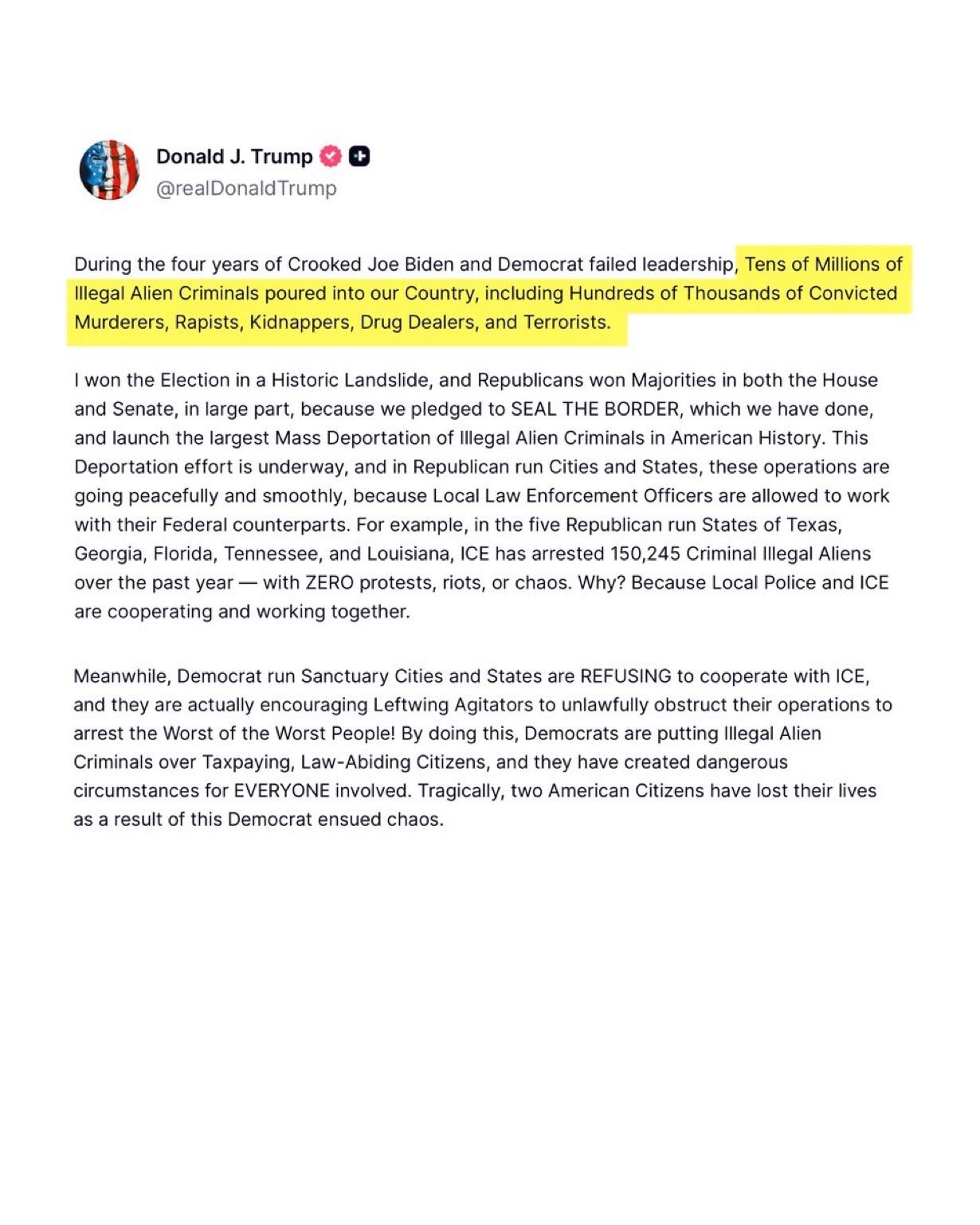 唐纳德·J·特朗普呼吁沃尔兹州长、弗雷市长以及美国所有民主党籍州长和市长与特朗普