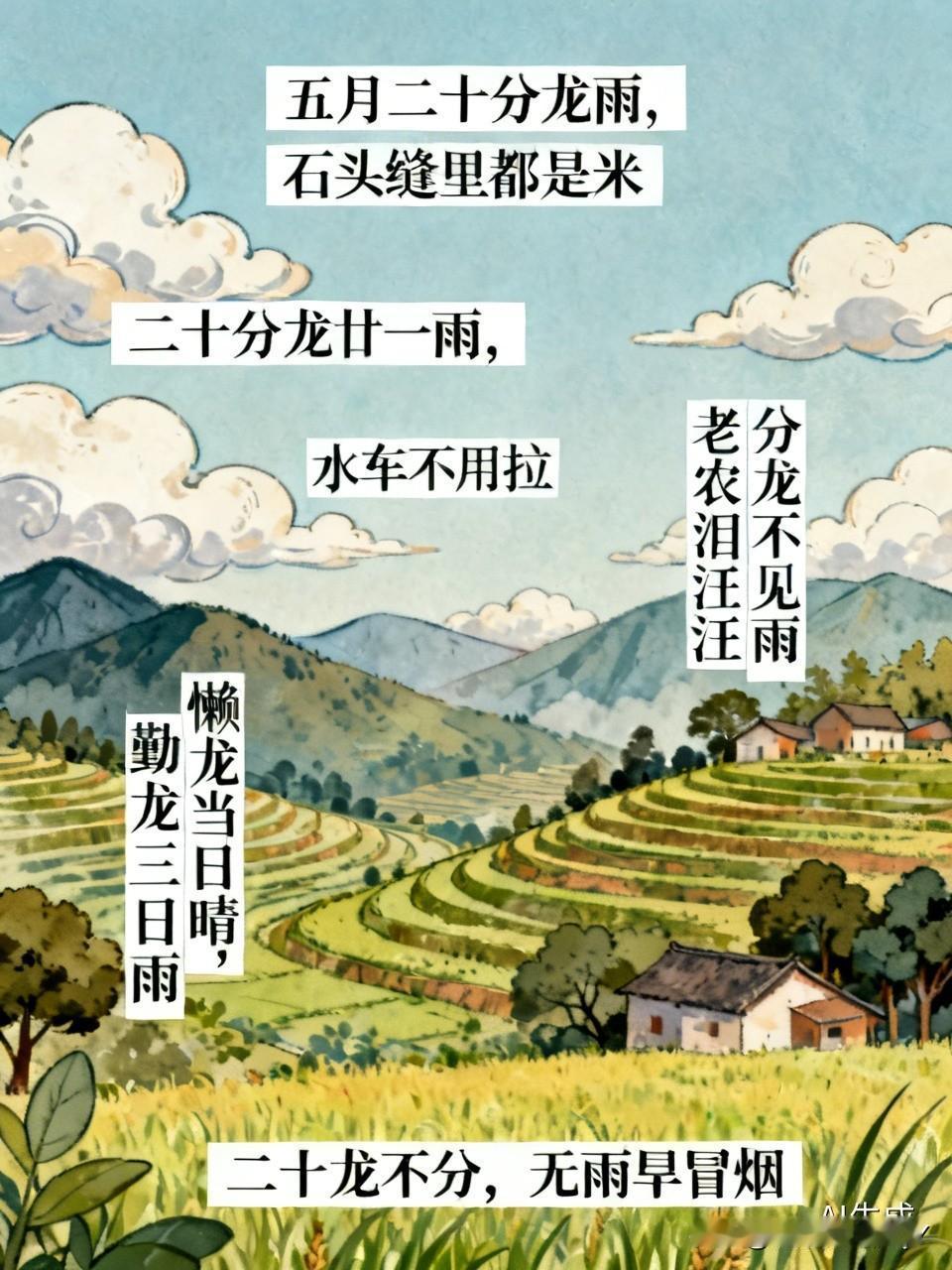 今天是五月二十民间俗语有
1. 五月二十分龙雨，石头缝里都是米
二十当天或者次日