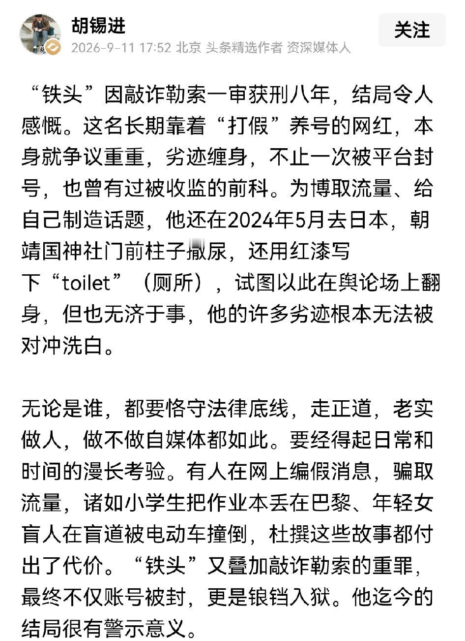 胡锡进对“铁头”获刑做出点评，认为其罪有应得，但作为消费者看铁头，他确实净化了“