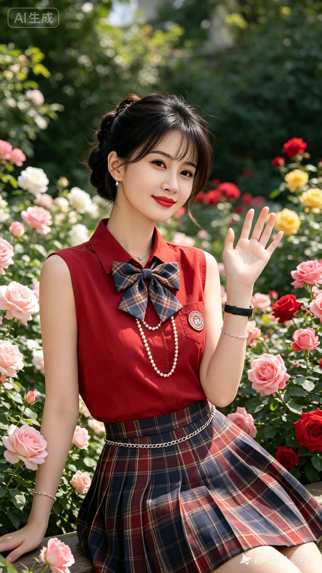 甜美少女风，红裙配蝴蝶结，花海中微笑！