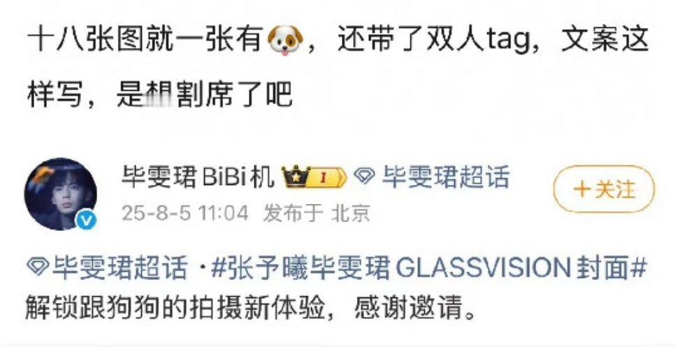 毕雯珺工作室发的文案cue了和小狗拍摄 双人杂志图这文案是不是很明显想割席 不想