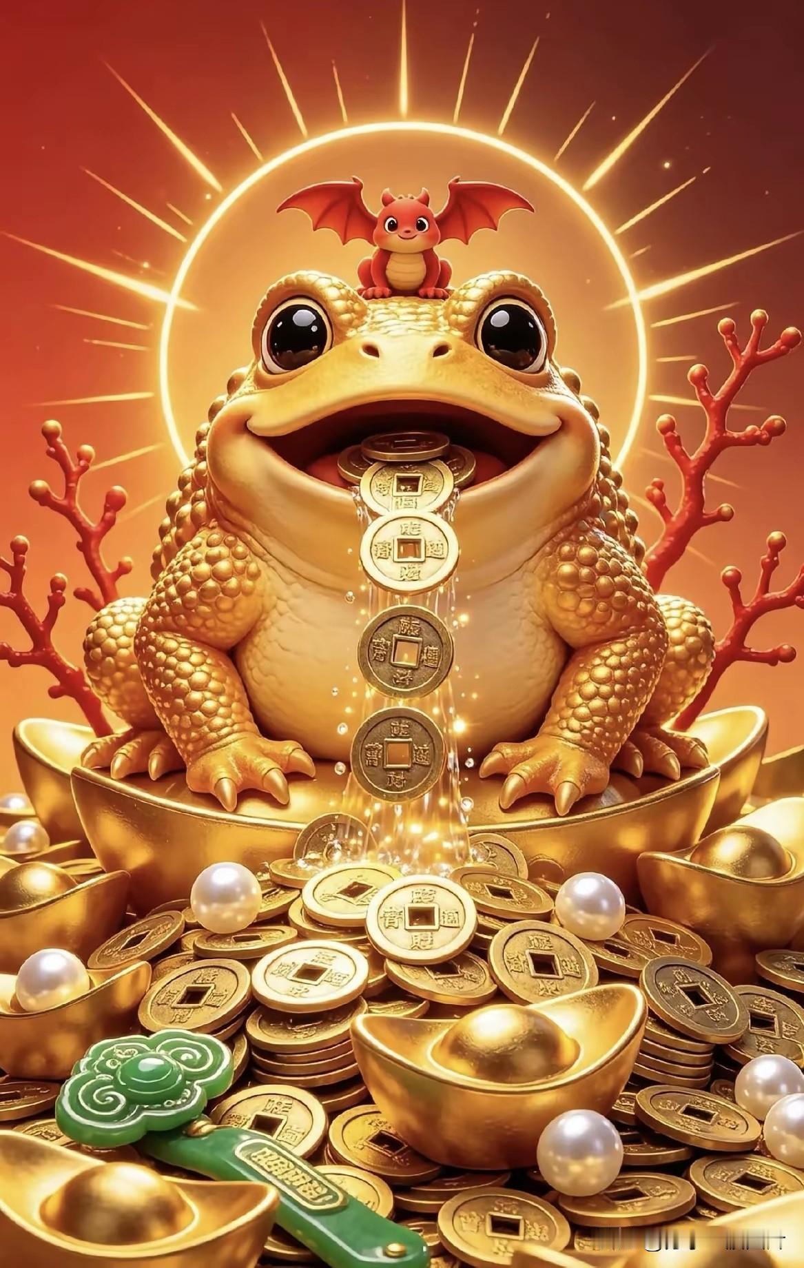 金蟾吐币财源广，
瑞蝠临门福气多。