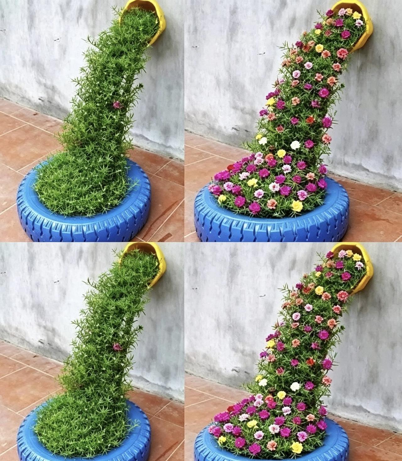 旧轮胎、一个废旧水桶或者大花盆，简简单单就造出浪漫的花流🌼把水桶或大花盆斜挂，