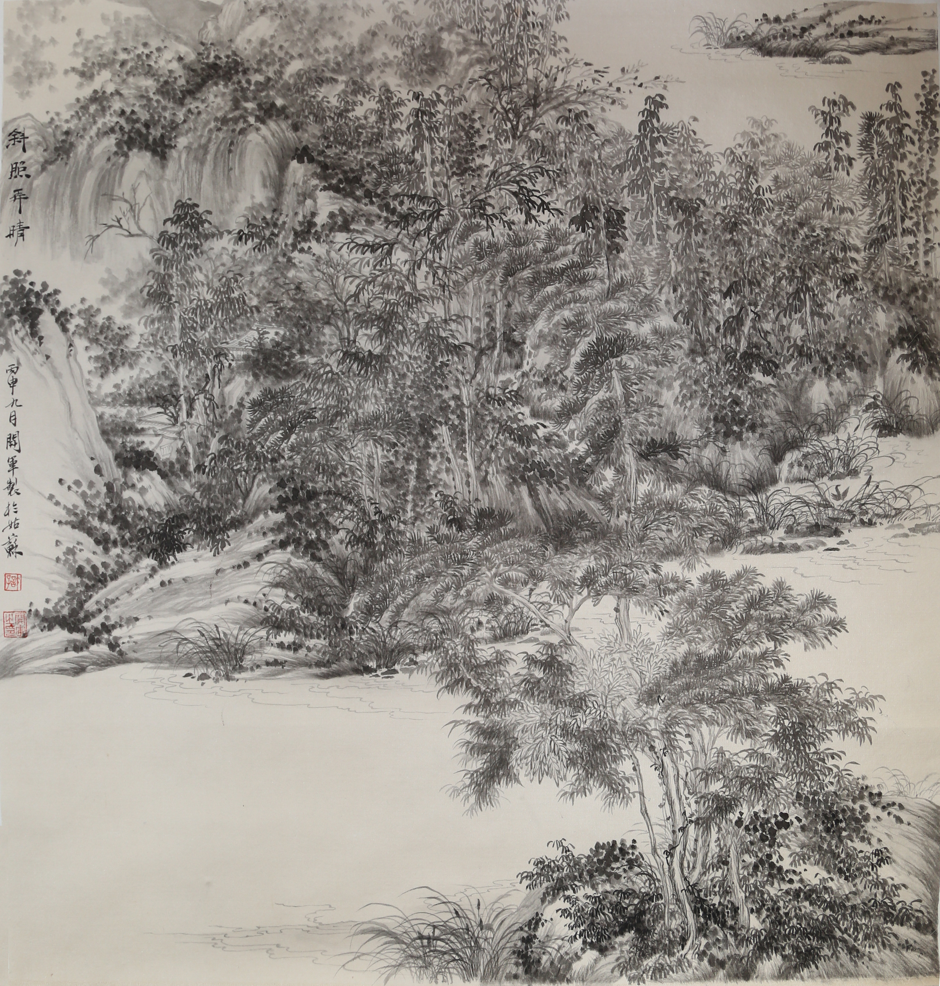 《林泉高致，静听松风》满纸墨色，满目苍翠，这是一幅能让人瞬间安静下来的画作。画面