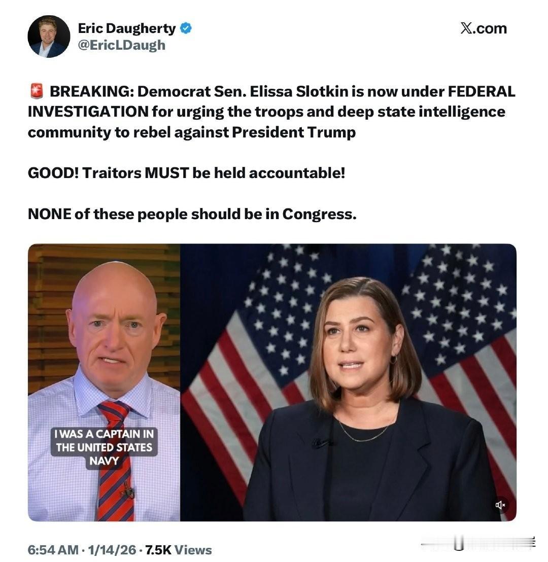 突发：民主党参议员 Elissa Slotkin 现正接受联邦调查，因她鼓动军队
