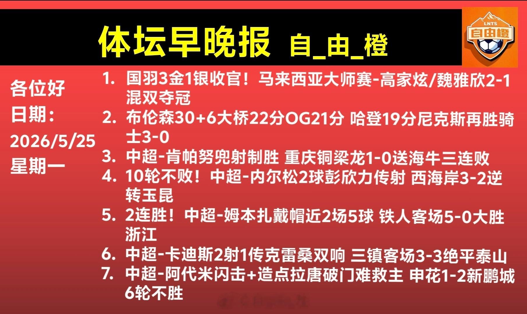 自由橙每日橙语体坛早晚报