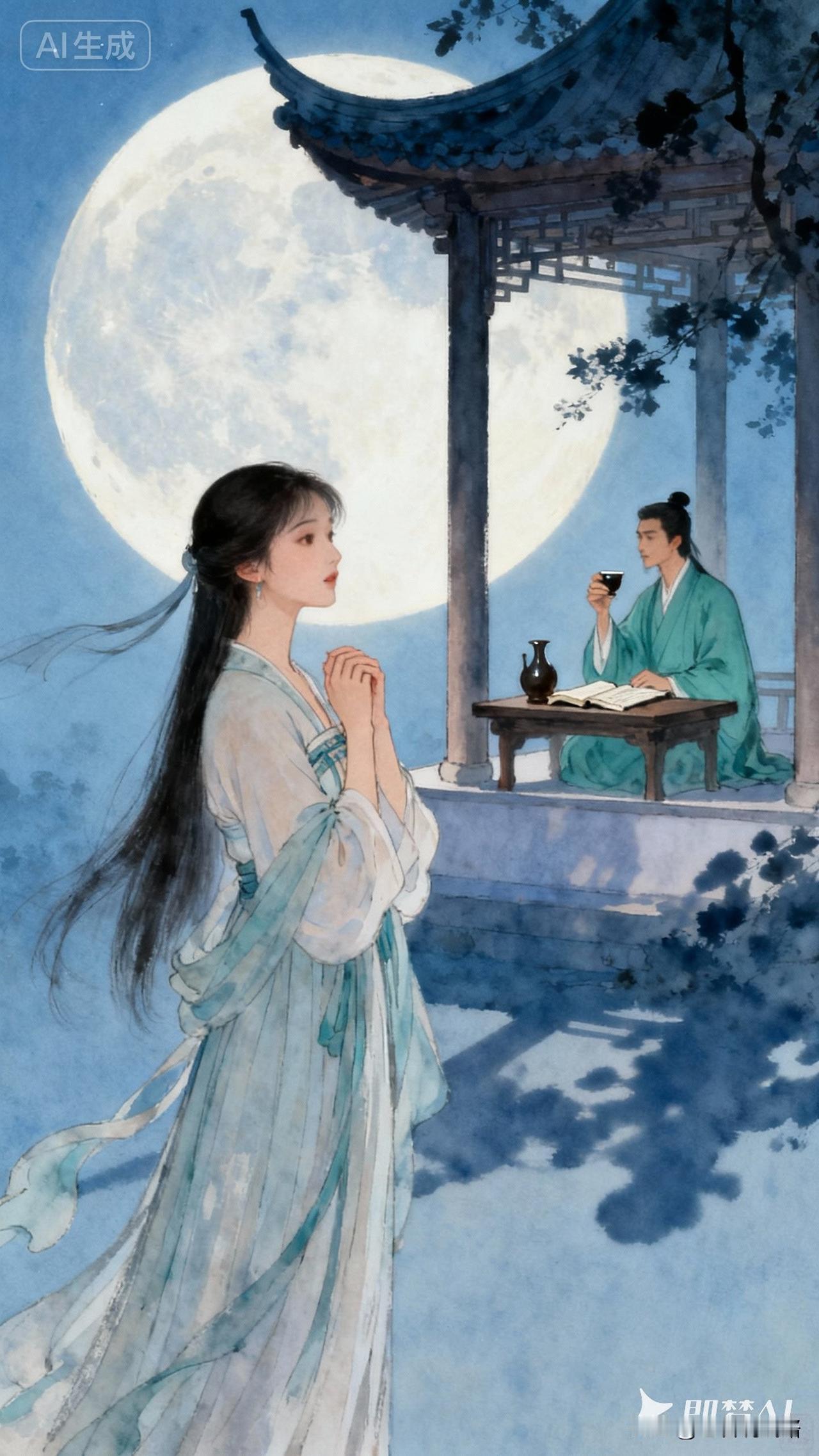 佳人月下听风语，
才子亭中对酒吟。