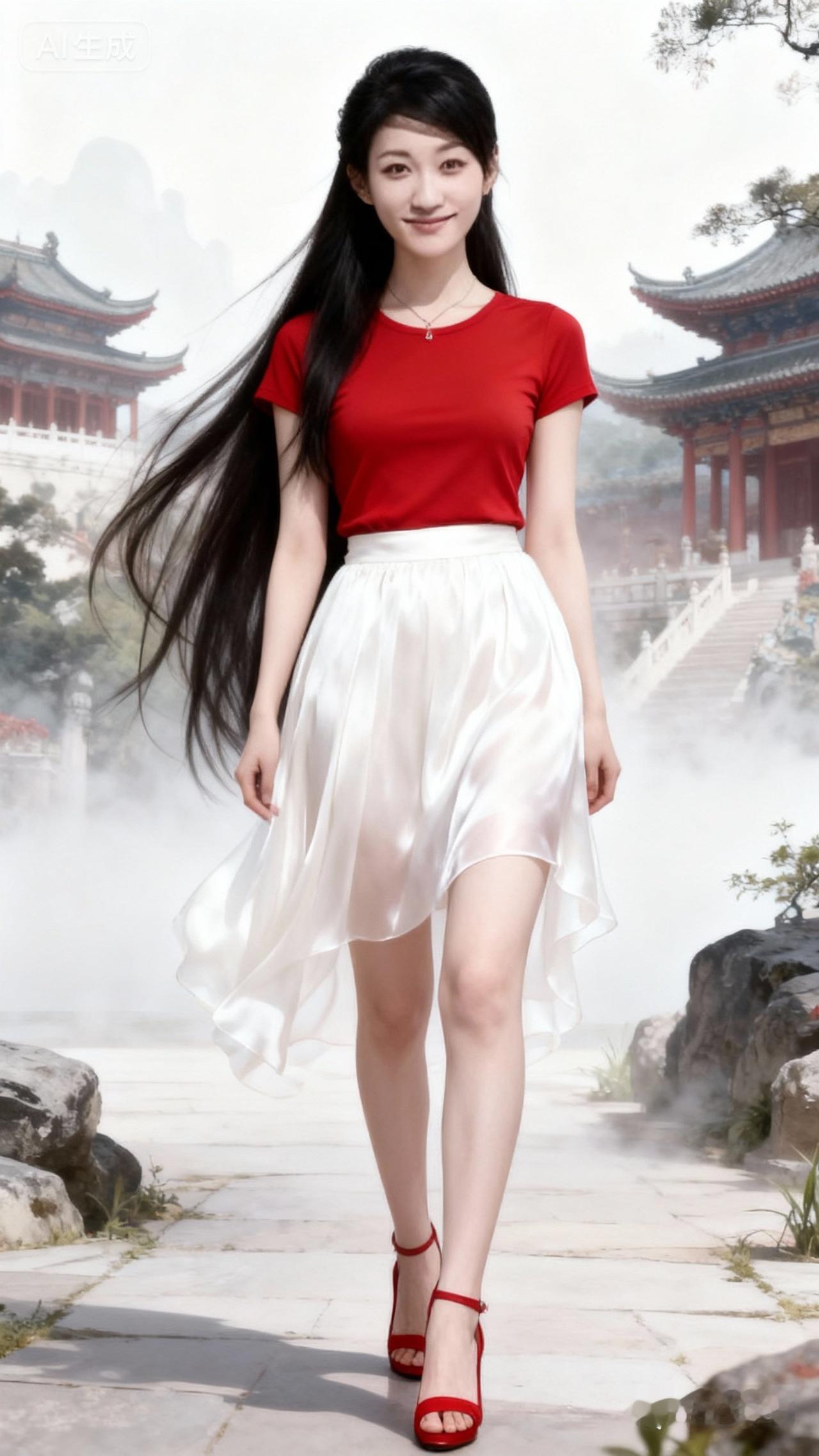 红衣少女漫步古风庭院，古典与现代的完美结合。