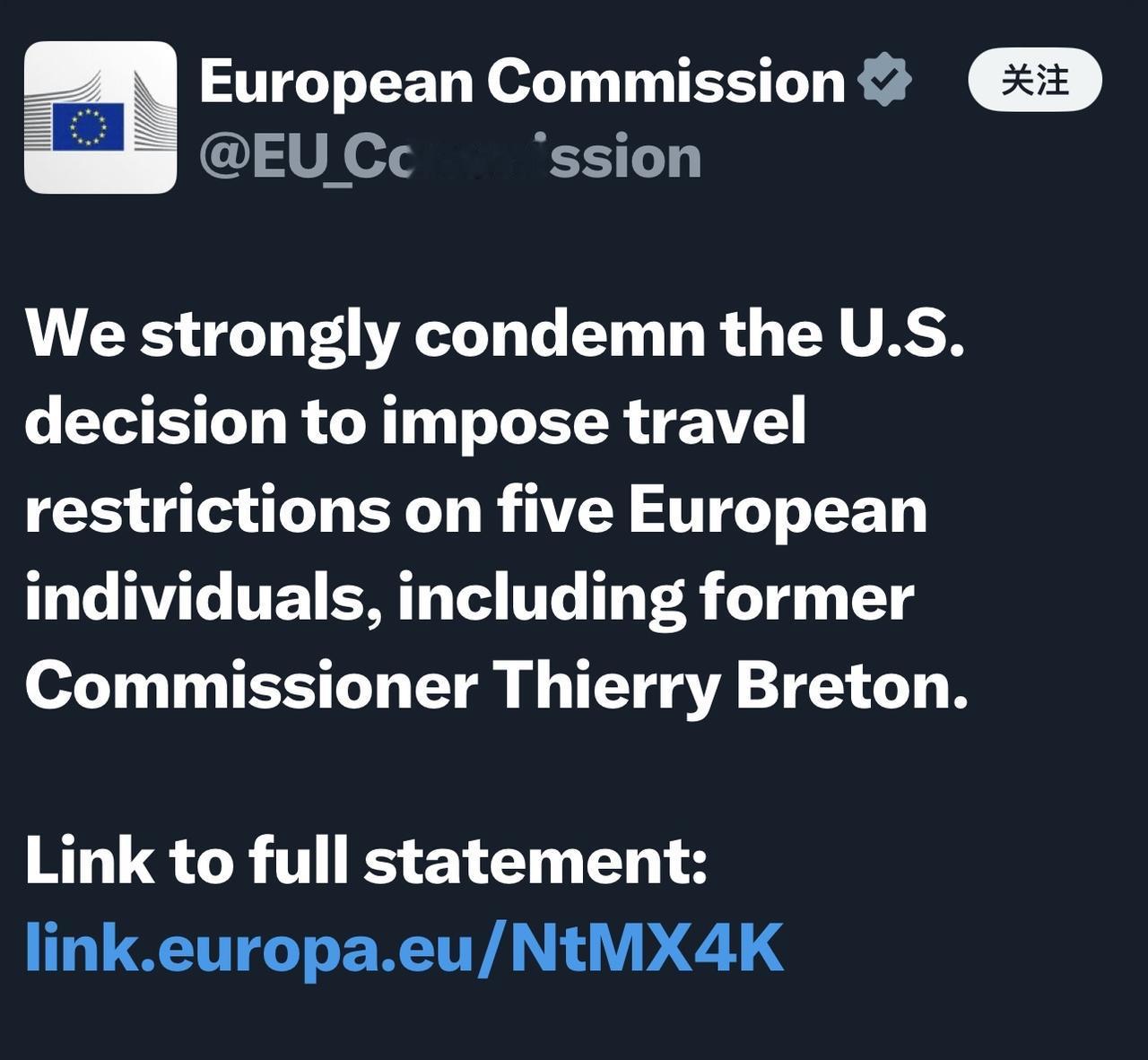 欧盟🇪🇺委员会发表声明谴责美国：

“我们强烈谴责美国对包括前欧盟委员会委员