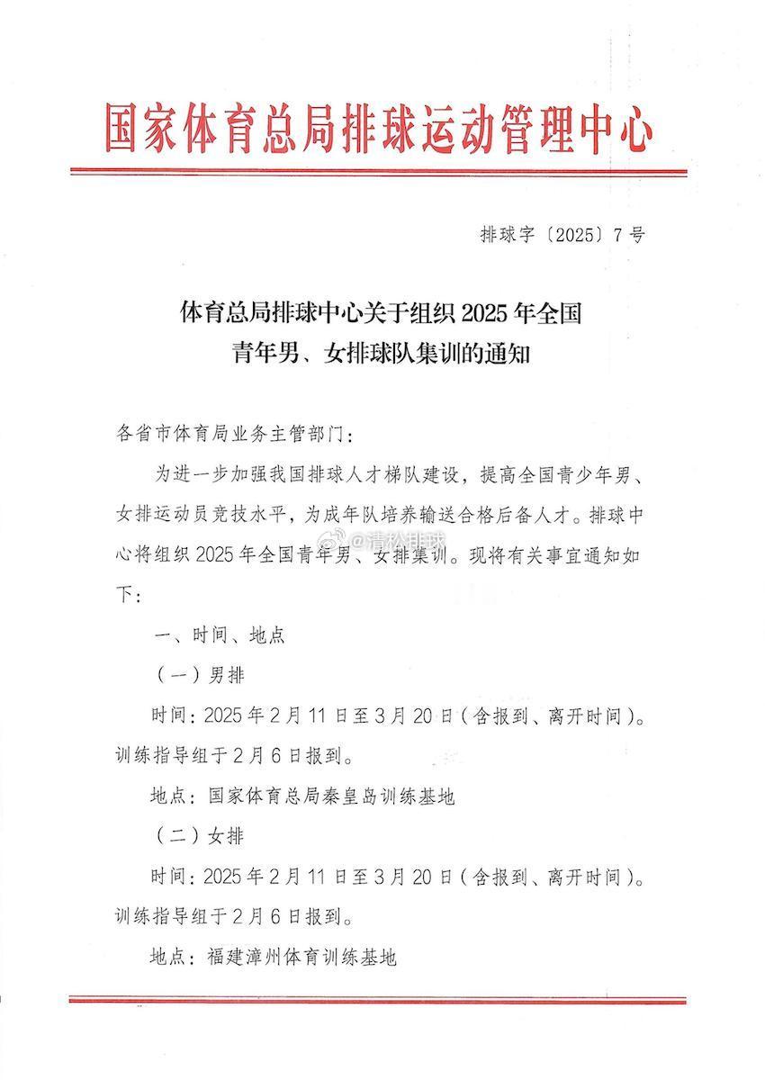 国家体育总局排管中心关于组织2025年全国青年男、女排球队集训的通知 