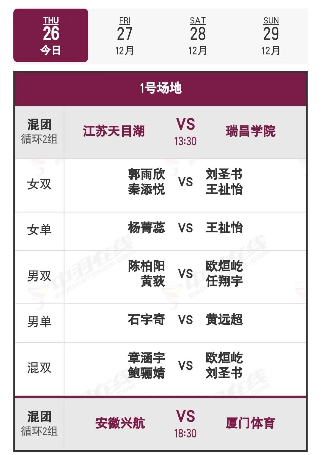 12月26日羽球俱乐部超级联赛下午场对阵安排

今天浙江杭州赛区开战，下午场13