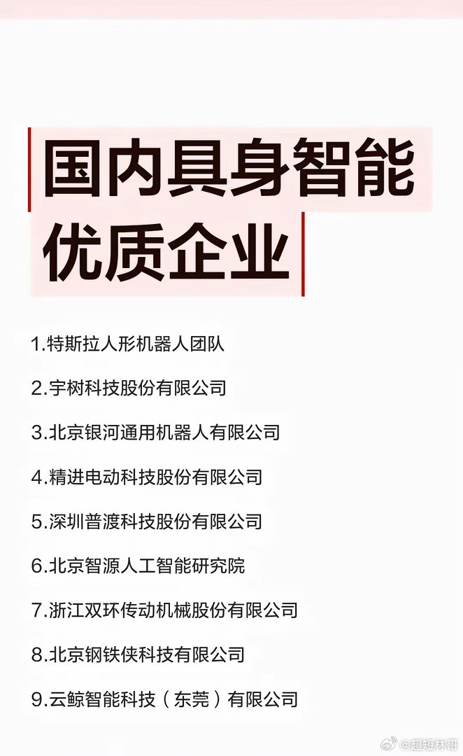 国内具身智能优质企业特斯拉、宇树科技、银河通用、精进电动、普渡科技、智源研究院、