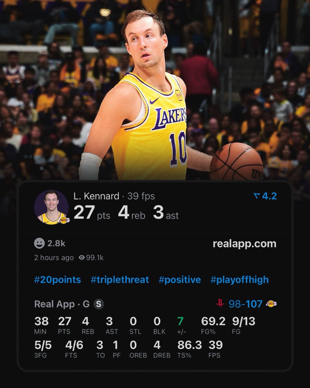 东里缺阵，然后让肯纳德拿了27分。火箭队休息备战了这么多天，常规赛最后几场湖人的