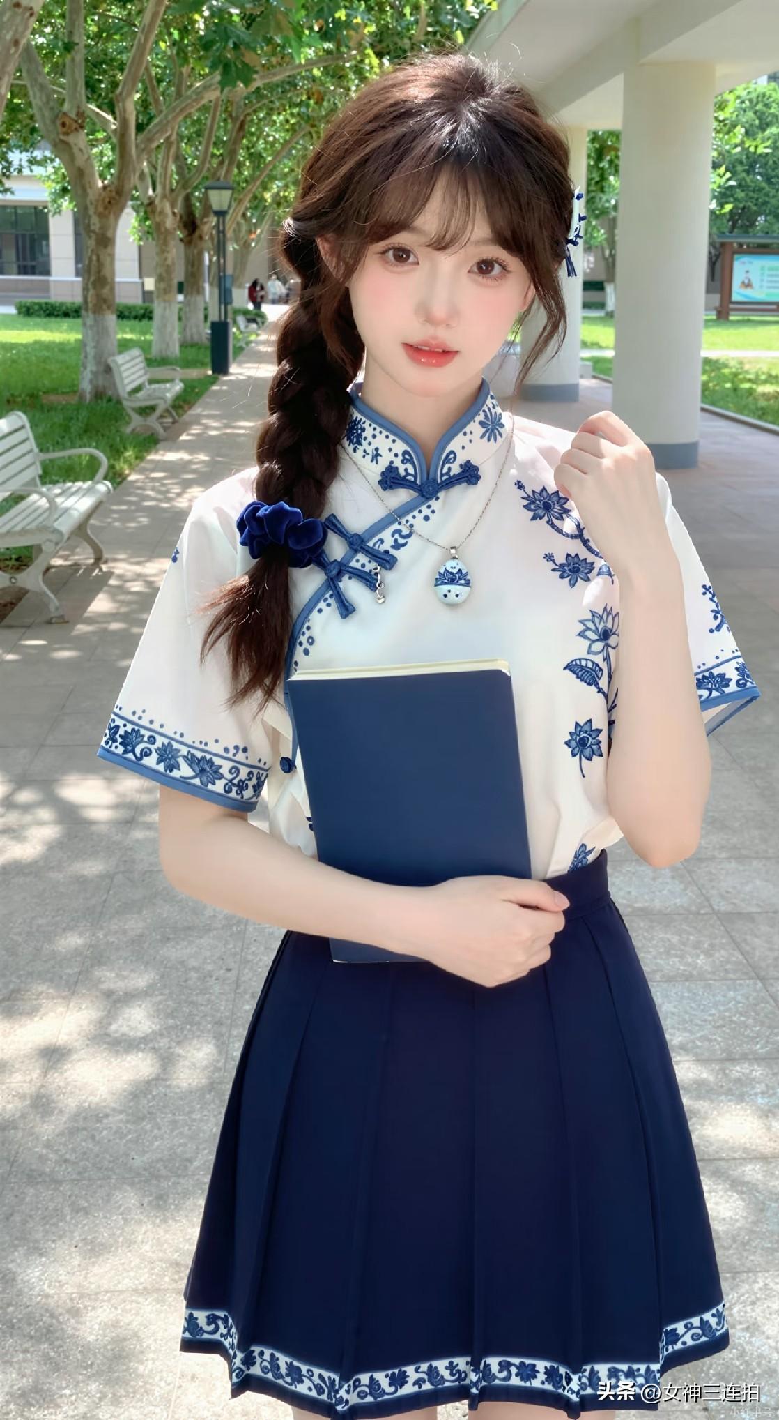 校园风穿搭指南：清新蓝白校服裙，元气少女范儿