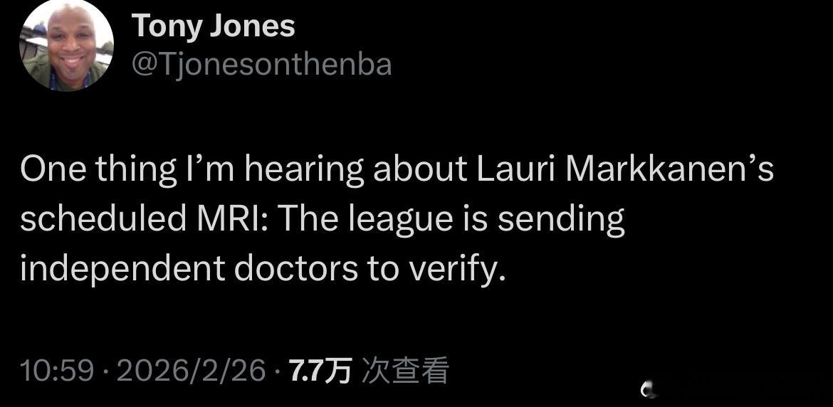 联盟将派出独立医生核查确认马尔卡宁的核磁共振结果。马尔卡宁在训练中遭遇右脚踝与右