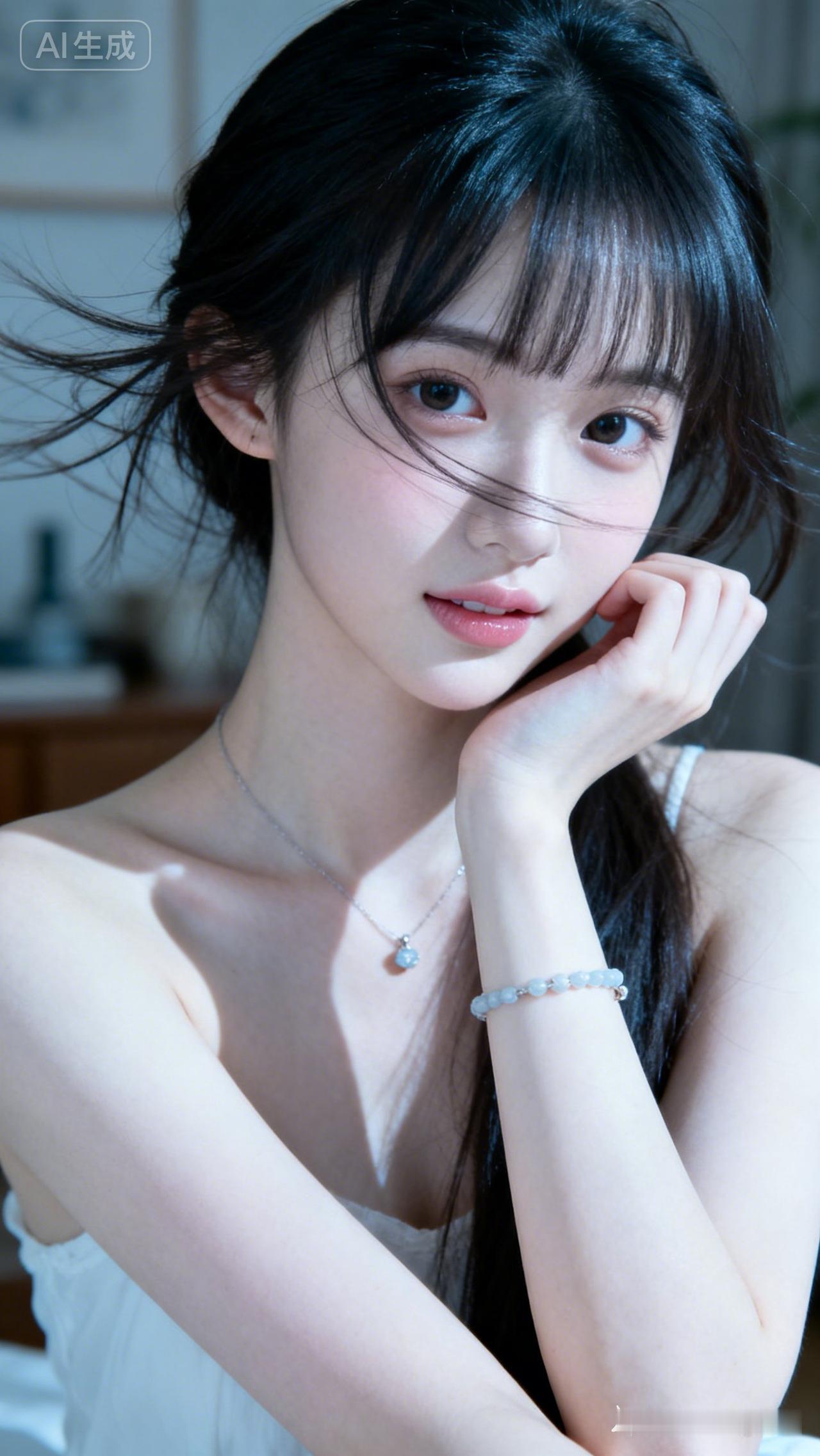 娇俏少女身着奶油粉居家睡衣，慵懒独坐沙发。冷白皮瓷感肌肤通透水嫩，瓜子鹅蛋脸型精