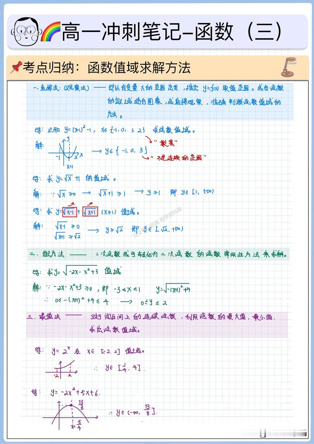 高一数学培优——求函数值域9种方法总结
1、直接法
2、配方法
3、单调性法
4