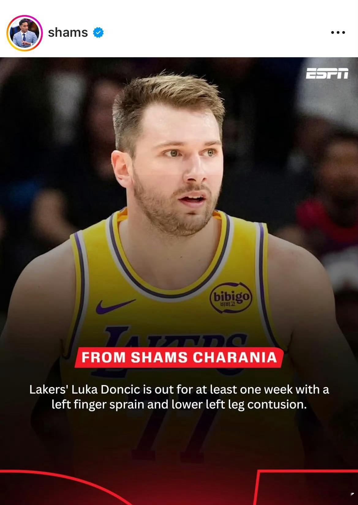 ESPN：东契奇左手手指扭伤和左小腿挫伤将缺席至少一周时间！东契奇至少伤缺一周东