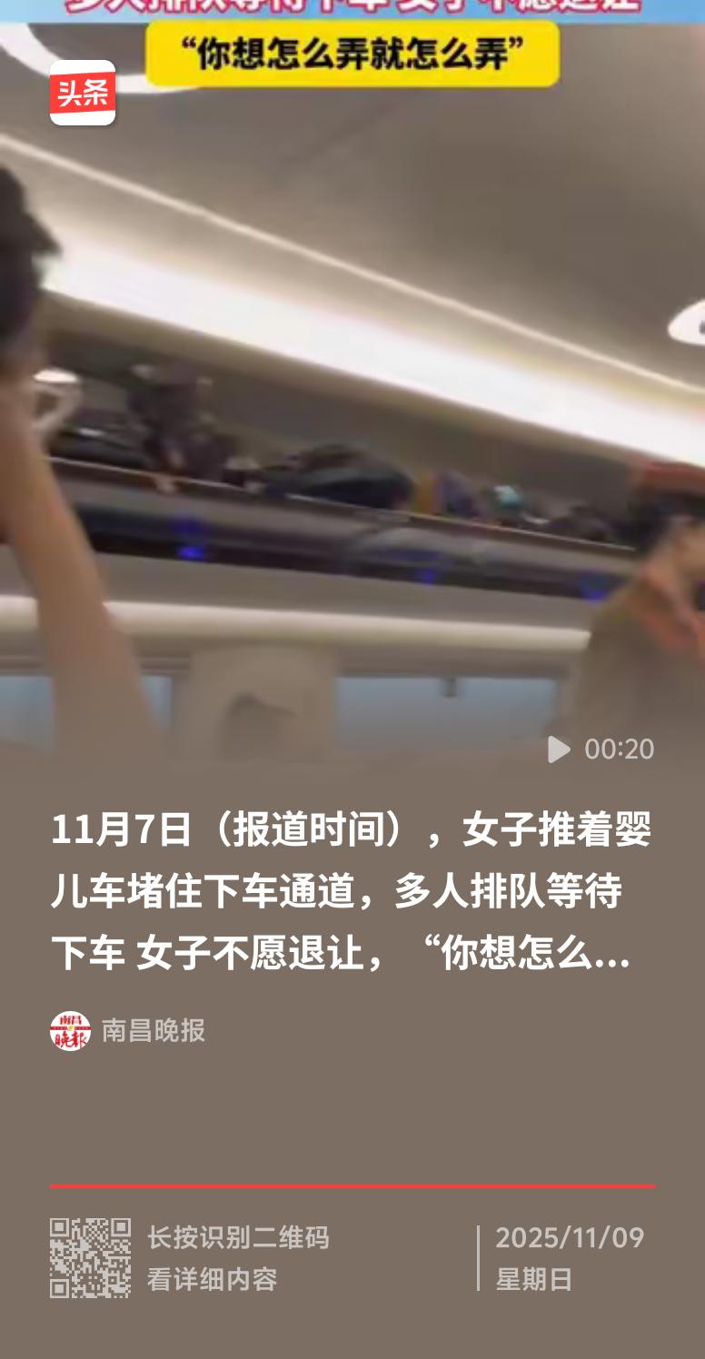 高铁上的奇葩事儿真是层出不穷。最近，在G27号高铁上，一女子推着婴儿车堵住下车通