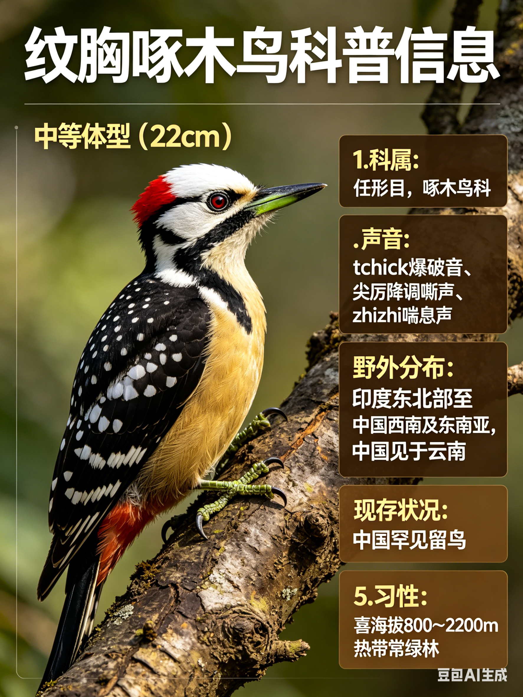 鸟类朋友图鉴 纹胸啄木鸟·科属：￼形目，啄木鸟科。·外形特征：中等体型（22cm