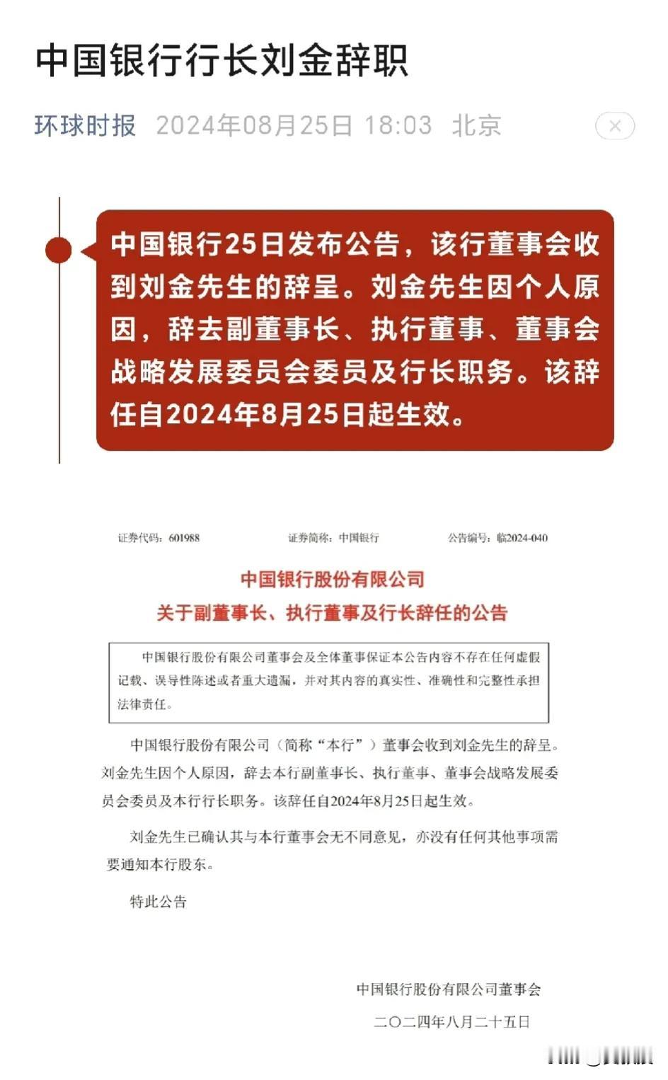 中国银行行长（副部级）刘金辞职