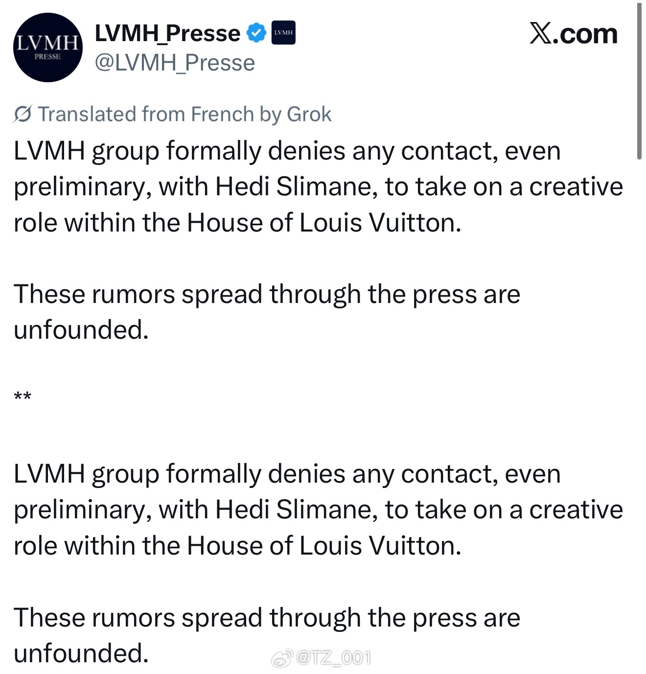 昨天Hedi Slimane要去LV的传言疯传，吓得LVMH直接发文否认 ​​​