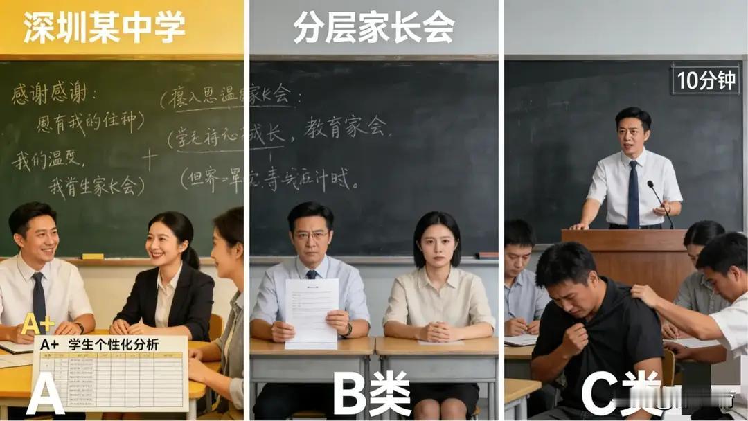 深圳某中学按成绩开展家长会！A类家长获详评、C类差生家长被骂哭。
这场按成绩划分