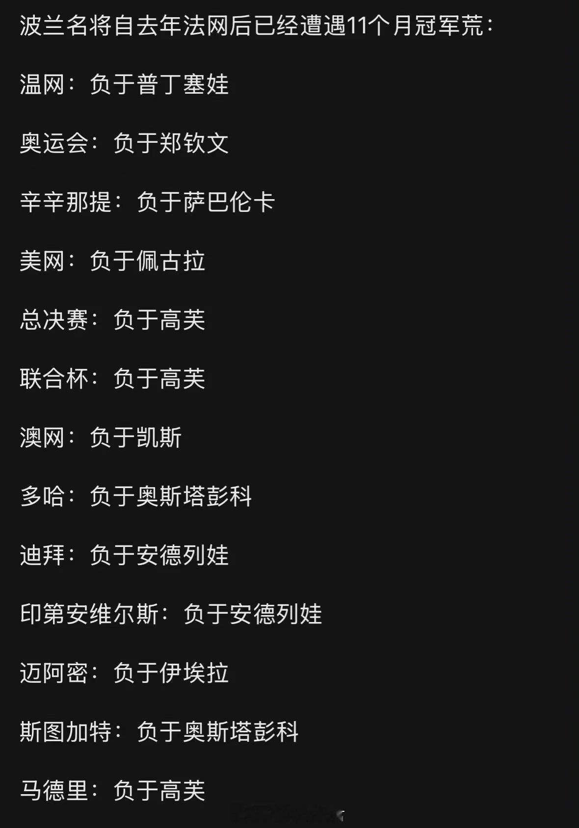 斯瓦泰克虽然在去年法网后遭遇了11个月冠军荒，但是底线还是蛮高的，除了迈阿密的埃